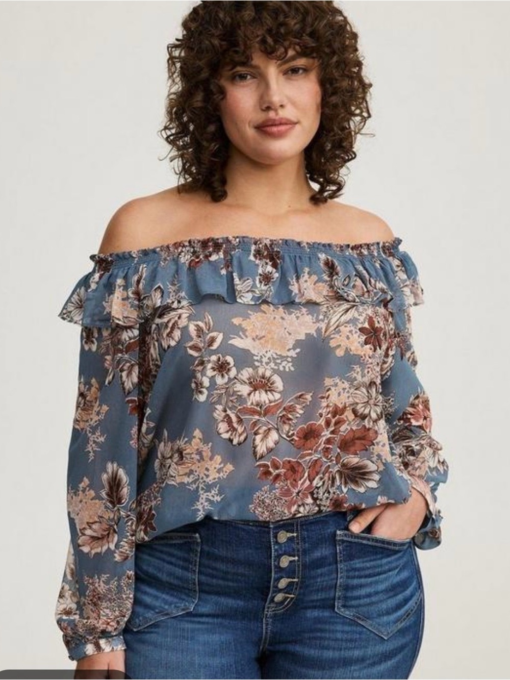 Torrid Blue Floral Off Shoulder Ruffled Semi Sheer Top sz1, U.S. 1X